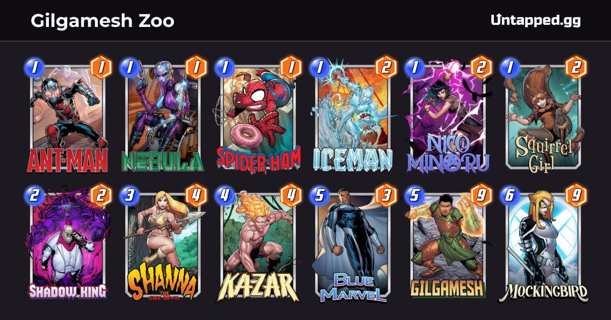 Ready go to ... https://snap.untapped.gg/en/decks/AntMan-BlueMarvel-Gilgamesh-Iceman-KaZar-Mockingbird-Nebula-NicoMinoru-ShadowKing-Shanna-SpiderHam-SquirrelGirl_Gilgamesh Zoo?utm_medium=affiliate [ Gilgamesh Zoo - MARVEL SNAP Deck]