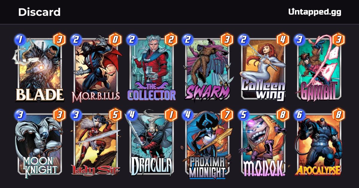 Ready go to ... https://snap.untapped.gg/en/decks/Apocalypse-Blade-ColleenWing-Dracula-Gambit-LadySif-Modok-MoonKnight-Morbius-ProximaMidnight-Swarm-TheCollector_Discard?utm_medium=affiliate [ Discard - MARVEL SNAP Deck]