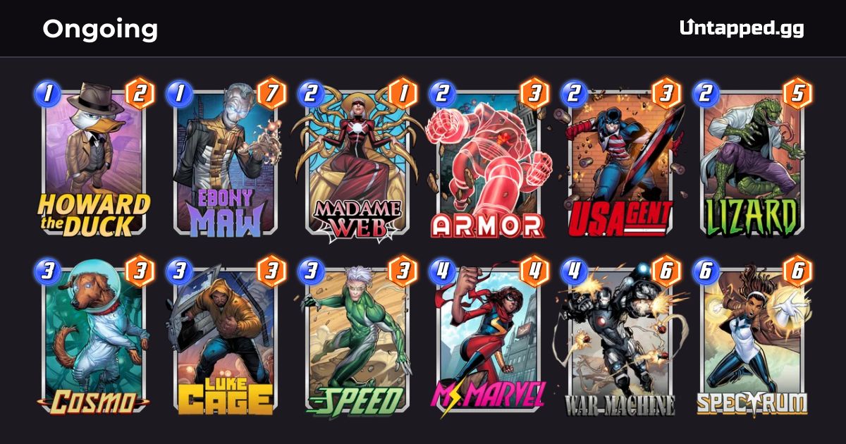 Ready go to ... https://snap.untapped.gg/en/decks/Armor-Cosmo-EbonyMaw-HowardTheDuck-Lizard-LukeCage-MadameWeb-MsMarvel-Spectrum-Speed-USAgent-WarMachine_Ongoing?utm_medium=affiliate [ Ongoing - MARVEL SNAP Deck]